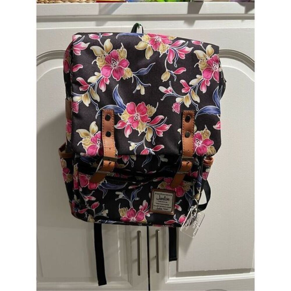 Junlion Floral Print School Laptop Backpack Bag Black Snap Brown Buckle
